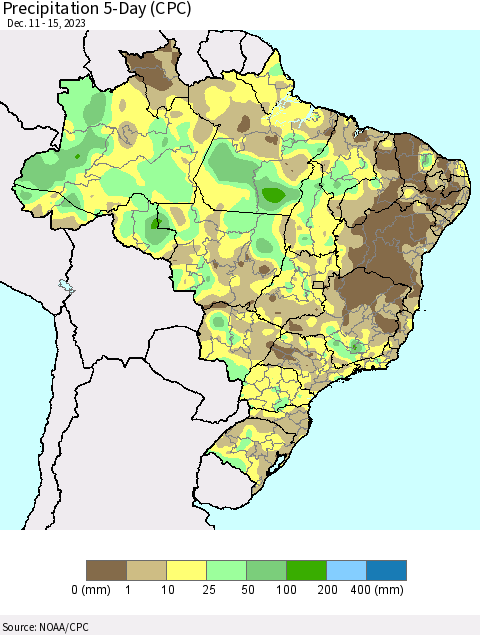 Brazil Precipitation 5-Day (CPC) Thematic Map For 12/11/2023 - 12/15/2023