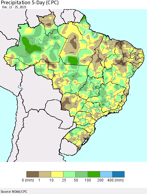 Brazil Precipitation 5-Day (CPC) Thematic Map For 12/21/2023 - 12/25/2023