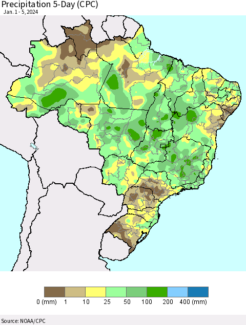 Brazil Precipitation 5-Day (CPC) Thematic Map For 1/1/2024 - 1/5/2024