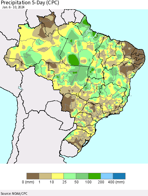 Brazil Precipitation 5-Day (CPC) Thematic Map For 1/6/2024 - 1/10/2024