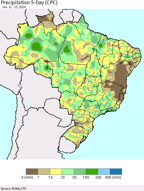 Brazil Precipitation 5-Day (CPC) Thematic Map For 1/11/2024 - 1/15/2024