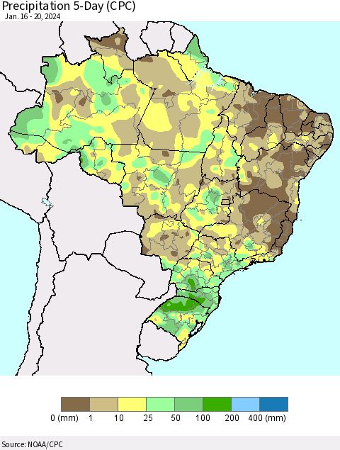 Brazil Precipitation 5-Day (CPC) Thematic Map For 1/16/2024 - 1/20/2024