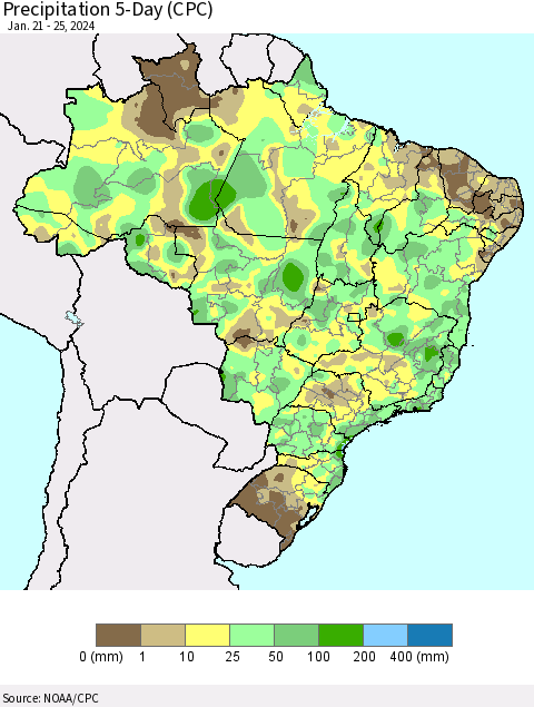 Brazil Precipitation 5-Day (CPC) Thematic Map For 1/21/2024 - 1/25/2024