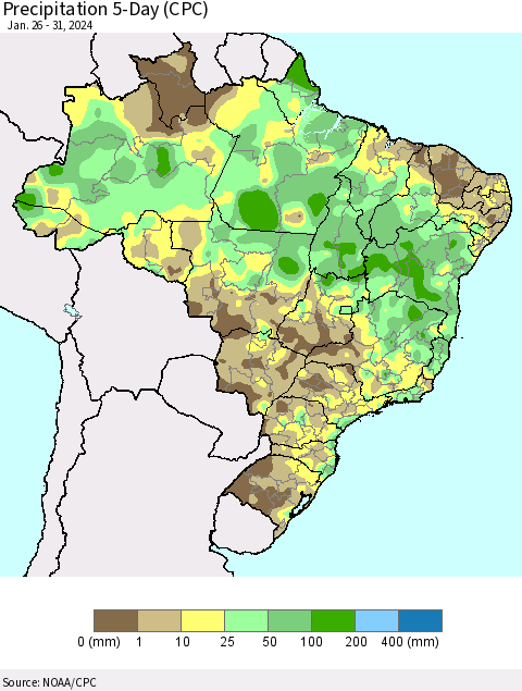 Brazil Precipitation 5-Day (CPC) Thematic Map For 1/26/2024 - 1/31/2024