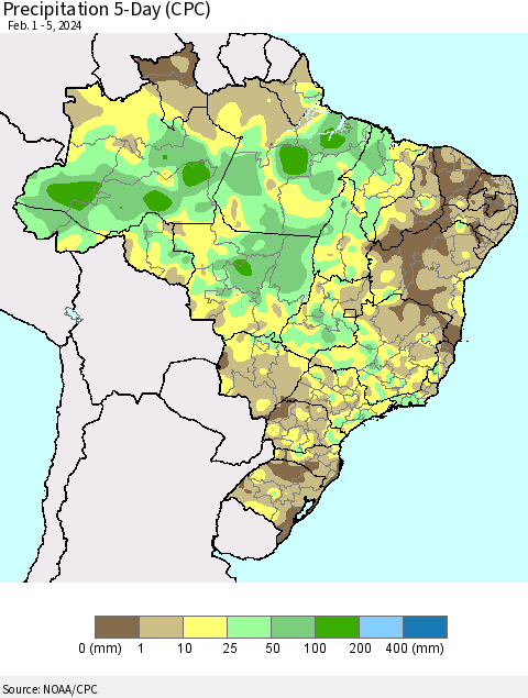Brazil Precipitation 5-Day (CPC) Thematic Map For 2/1/2024 - 2/5/2024
