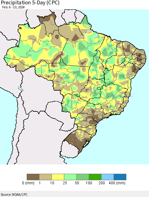 Brazil Precipitation 5-Day (CPC) Thematic Map For 2/6/2024 - 2/10/2024