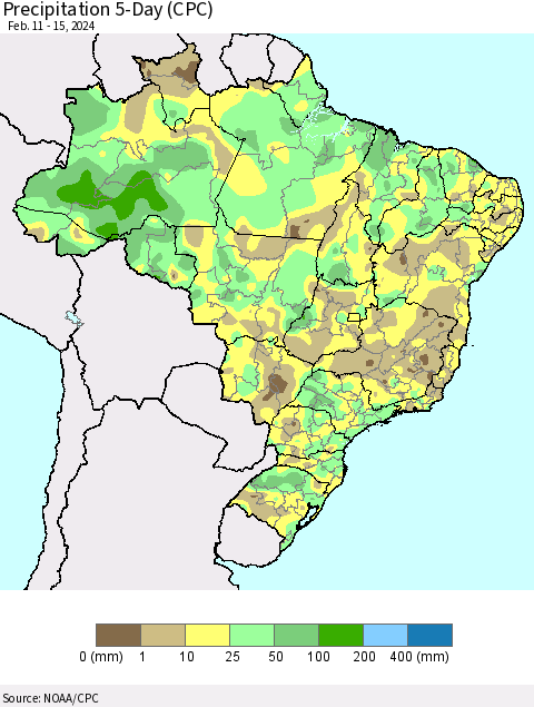 Brazil Precipitation 5-Day (CPC) Thematic Map For 2/11/2024 - 2/15/2024