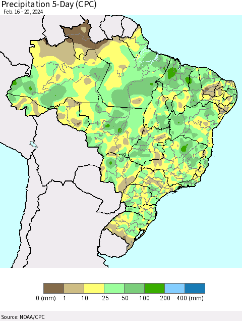 Brazil Precipitation 5-Day (CPC) Thematic Map For 2/16/2024 - 2/20/2024