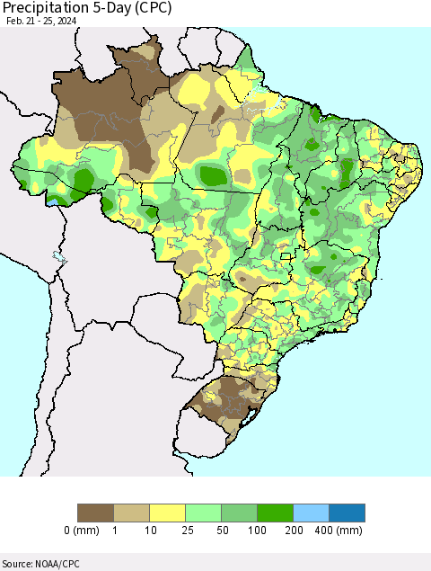 Brazil Precipitation 5-Day (CPC) Thematic Map For 2/21/2024 - 2/25/2024