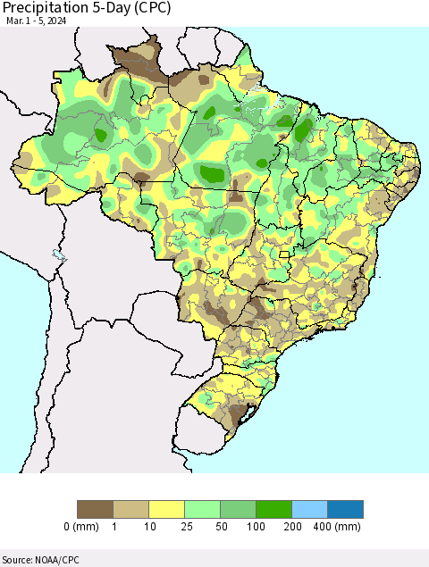 Brazil Precipitation 5-Day (CPC) Thematic Map For 3/1/2024 - 3/5/2024
