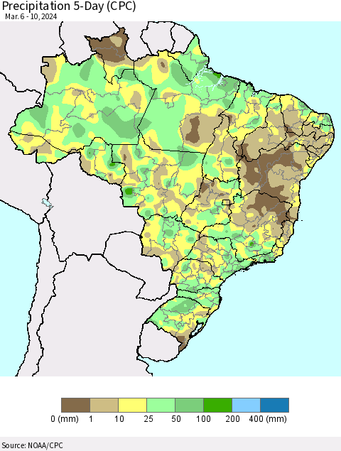 Brazil Precipitation 5-Day (CPC) Thematic Map For 3/6/2024 - 3/10/2024