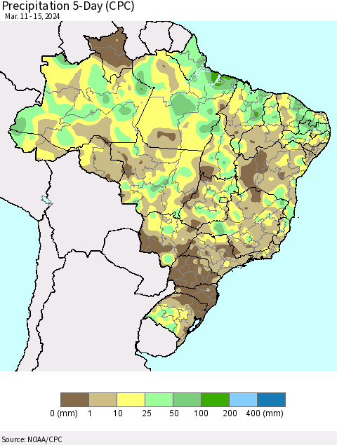 Brazil Precipitation 5-Day (CPC) Thematic Map For 3/11/2024 - 3/15/2024
