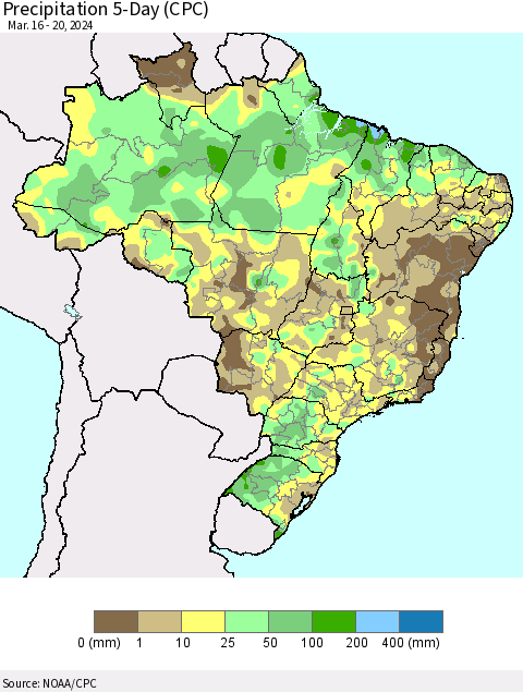 Brazil Precipitation 5-Day (CPC) Thematic Map For 3/16/2024 - 3/20/2024