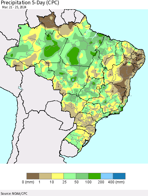 Brazil Precipitation 5-Day (CPC) Thematic Map For 3/21/2024 - 3/25/2024