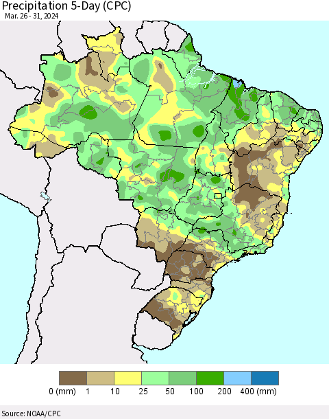 Brazil Precipitation 5-Day (CPC) Thematic Map For 3/26/2024 - 3/31/2024