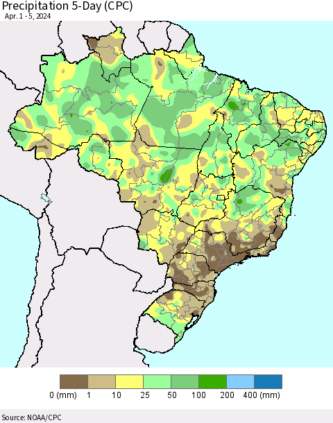 Brazil Precipitation 5-Day (CPC) Thematic Map For 4/1/2024 - 4/5/2024