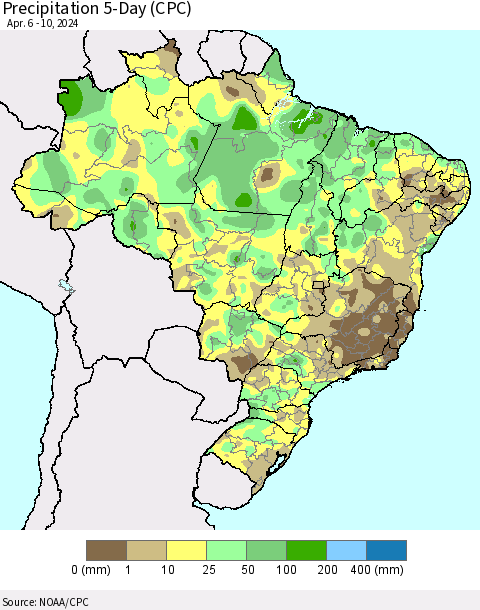 Brazil Precipitation 5-Day (CPC) Thematic Map For 4/6/2024 - 4/10/2024