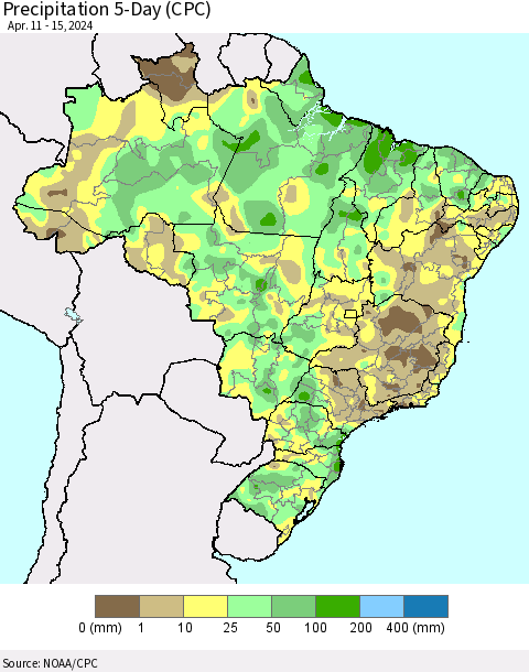 Brazil Precipitation 5-Day (CPC) Thematic Map For 4/11/2024 - 4/15/2024