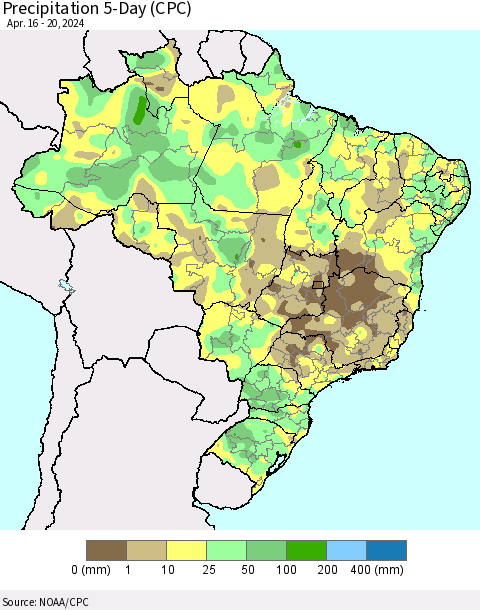 Brazil Precipitation 5-Day (CPC) Thematic Map For 4/16/2024 - 4/20/2024