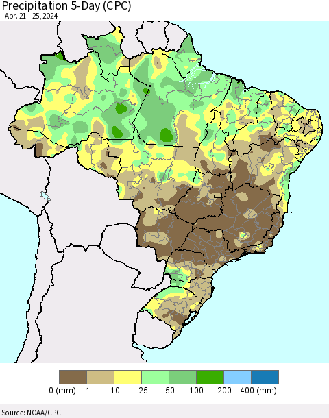 Brazil Precipitation 5-Day (CPC) Thematic Map For 4/21/2024 - 4/25/2024