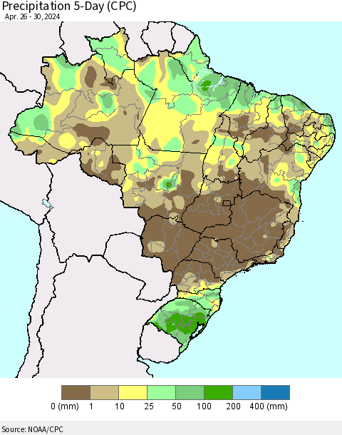 Brazil Precipitation 5-Day (CPC) Thematic Map For 4/26/2024 - 4/30/2024