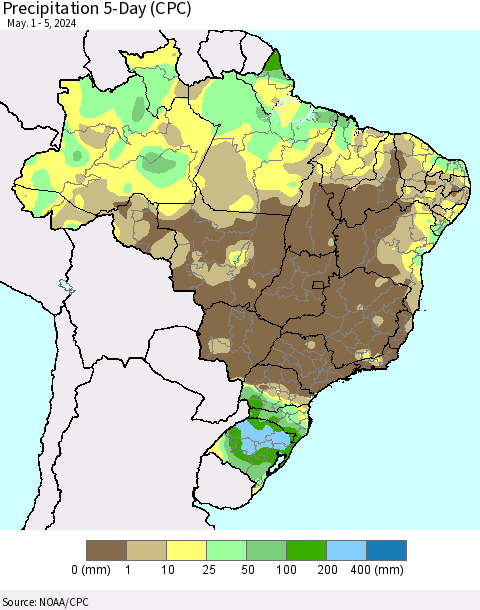 Brazil Precipitation 5-Day (CPC) Thematic Map For 5/1/2024 - 5/5/2024