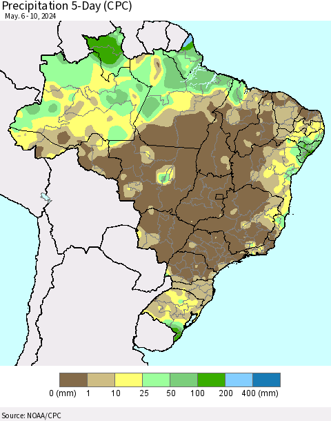 Brazil Precipitation 5-Day (CPC) Thematic Map For 5/6/2024 - 5/10/2024