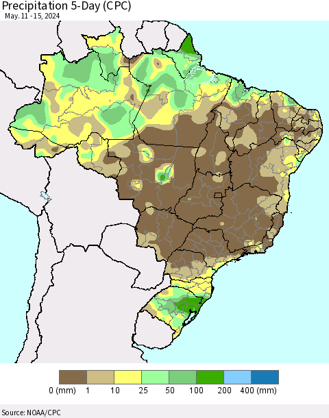 Brazil Precipitation 5-Day (CPC) Thematic Map For 5/11/2024 - 5/15/2024