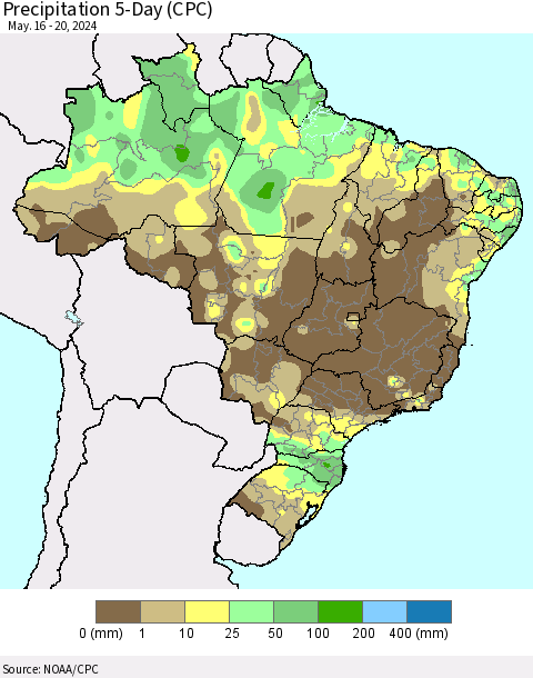 Brazil Precipitation 5-Day (CPC) Thematic Map For 5/16/2024 - 5/20/2024