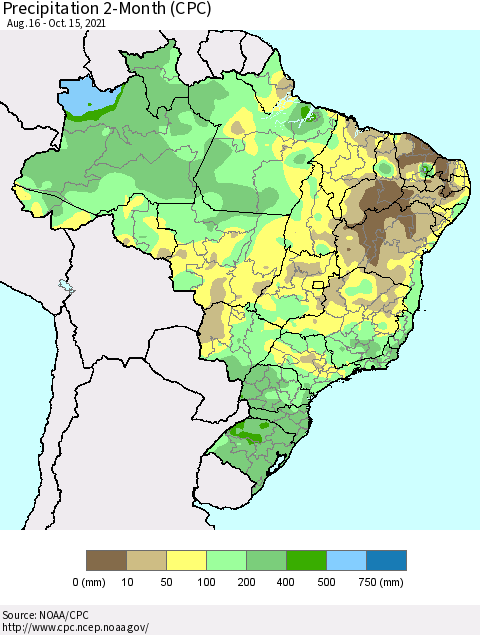 Brazil Precipitation 2-Month (CPC) Thematic Map For 8/16/2021 - 10/15/2021