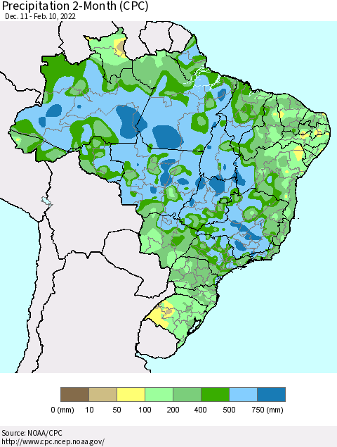 Brazil Precipitation 2-Month (CPC) Thematic Map For 12/11/2021 - 2/10/2022