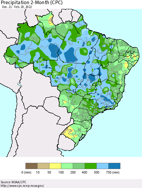Brazil Precipitation 2-Month (CPC) Thematic Map For 12/21/2021 - 2/20/2022