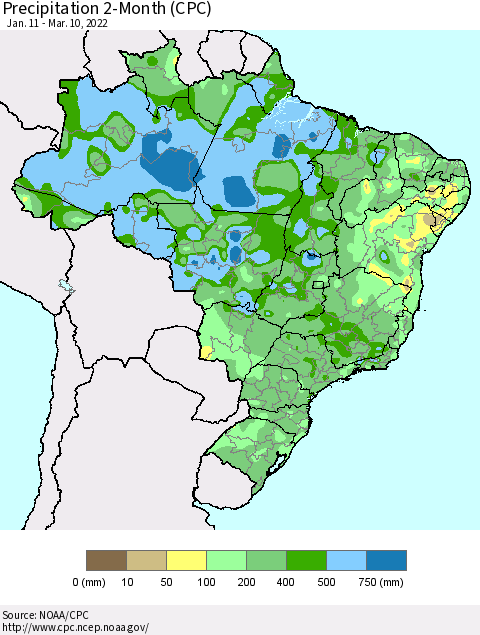 Brazil Precipitation 2-Month (CPC) Thematic Map For 1/11/2022 - 3/10/2022