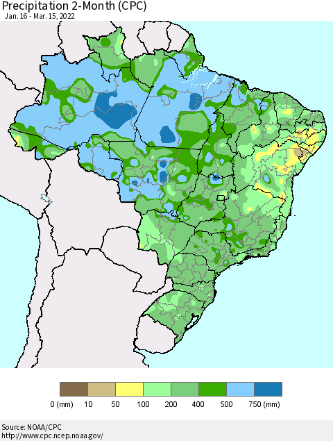 Brazil Precipitation 2-Month (CPC) Thematic Map For 1/16/2022 - 3/15/2022