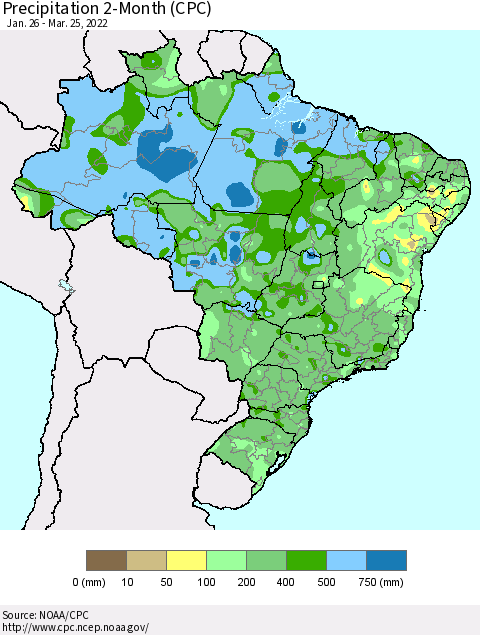 Brazil Precipitation 2-Month (CPC) Thematic Map For 1/26/2022 - 3/25/2022