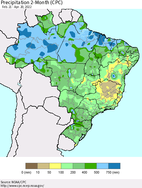Brazil Precipitation 2-Month (CPC) Thematic Map For 2/21/2022 - 4/20/2022