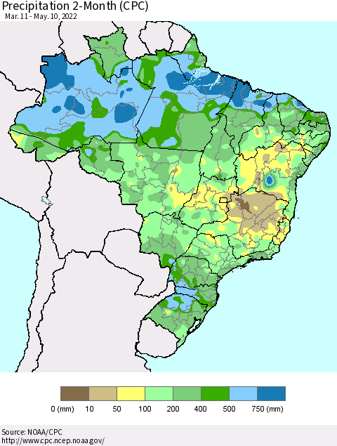 Brazil Precipitation 2-Month (CPC) Thematic Map For 3/11/2022 - 5/10/2022