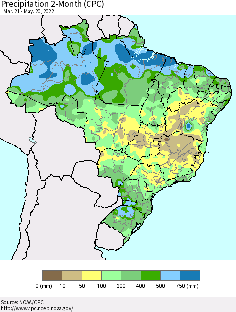 Brazil Precipitation 2-Month (CPC) Thematic Map For 3/21/2022 - 5/20/2022