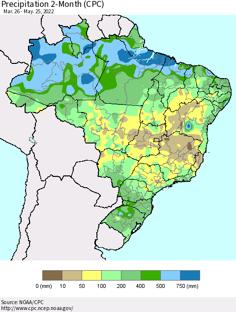 Brazil Precipitation 2-Month (CPC) Thematic Map For 3/26/2022 - 5/25/2022