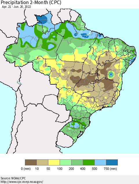 Brazil Precipitation 2-Month (CPC) Thematic Map For 4/21/2022 - 6/20/2022