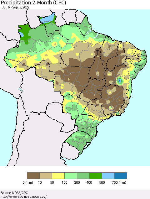 Brazil Precipitation 2-Month (CPC) Thematic Map For 7/6/2022 - 9/5/2022