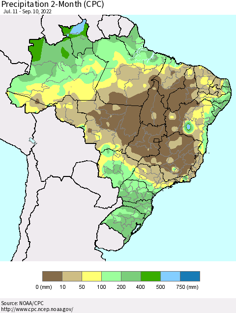 Brazil Precipitation 2-Month (CPC) Thematic Map For 7/11/2022 - 9/10/2022