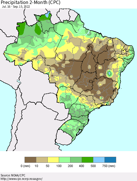 Brazil Precipitation 2-Month (CPC) Thematic Map For 7/16/2022 - 9/15/2022