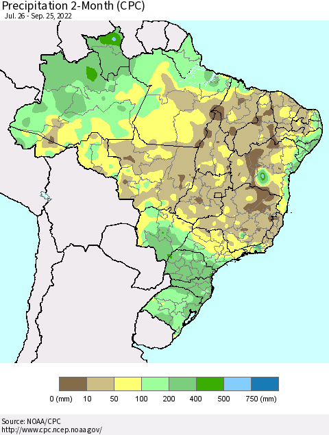 Brazil Precipitation 2-Month (CPC) Thematic Map For 7/26/2022 - 9/25/2022