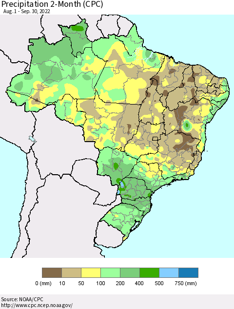 Brazil Precipitation 2-Month (CPC) Thematic Map For 8/1/2022 - 9/30/2022