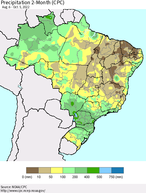 Brazil Precipitation 2-Month (CPC) Thematic Map For 8/6/2022 - 10/5/2022