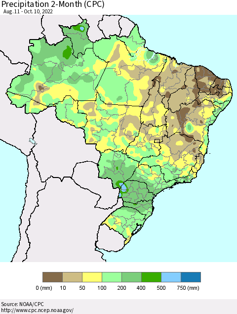 Brazil Precipitation 2-Month (CPC) Thematic Map For 8/11/2022 - 10/10/2022