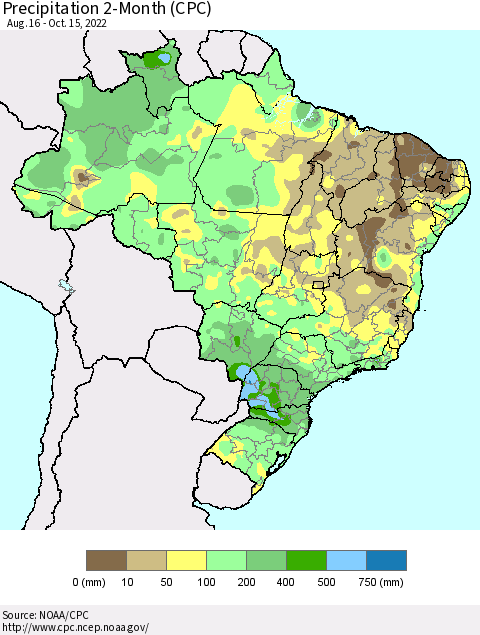 Brazil Precipitation 2-Month (CPC) Thematic Map For 8/16/2022 - 10/15/2022