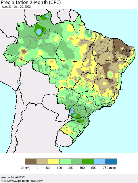 Brazil Precipitation 2-Month (CPC) Thematic Map For 8/21/2022 - 10/20/2022
