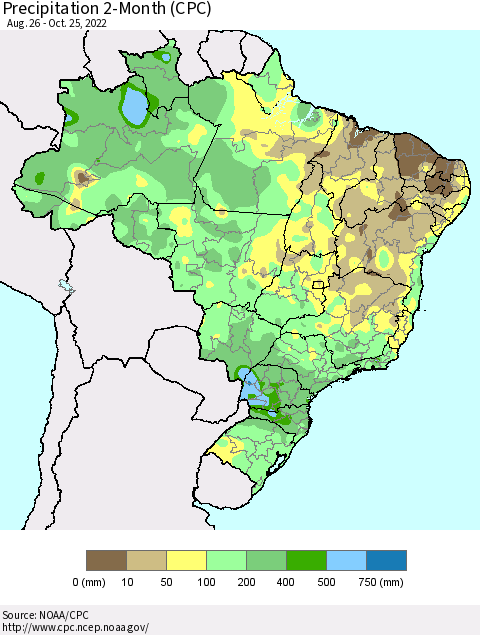 Brazil Precipitation 2-Month (CPC) Thematic Map For 8/26/2022 - 10/25/2022